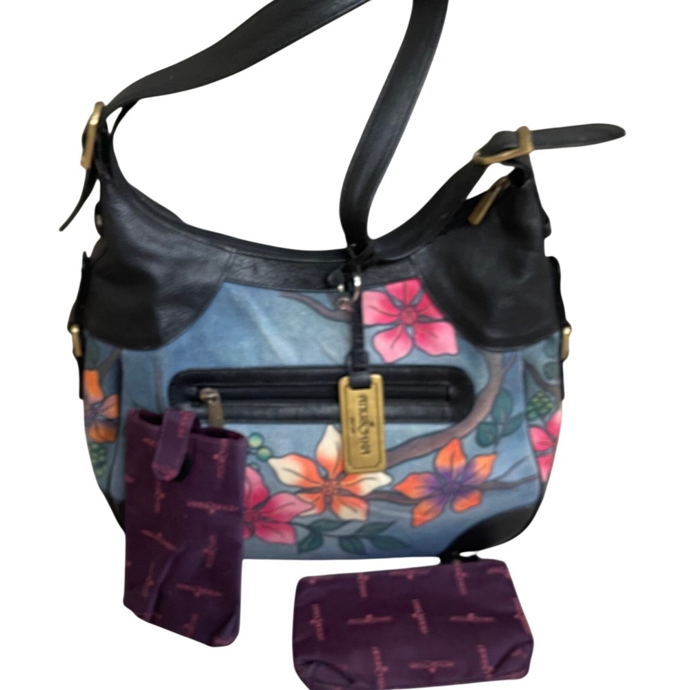 Anuschka Hand Painted Leather Hobo Bag Blue Tropical Bird Floral coin&cell case